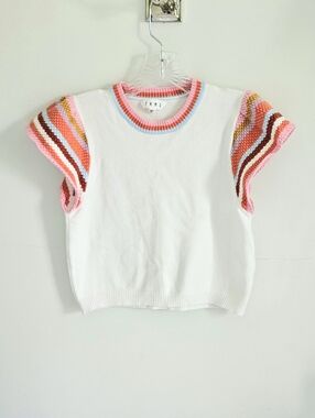 THML Knit Crop Crochet Stripe Flutter Sleeve Top